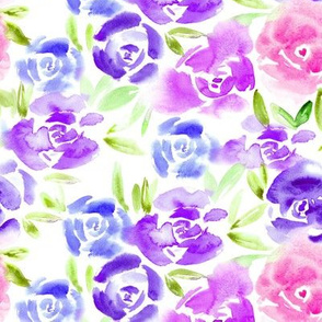 Roses garden in purple, blue, pink ll watercolor flowers