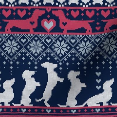 Small scale // Fair Isle Knitting Doxie Love // grey background navy blue and red dachshunds dogs bones paws and hearts