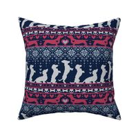 Small scale // Fair Isle Knitting Doxie Love // grey background navy blue and red dachshunds dogs bones paws and hearts