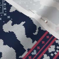 Small scale // Fair Isle Knitting Doxie Love // grey background navy blue and red dachshunds dogs bones paws and hearts