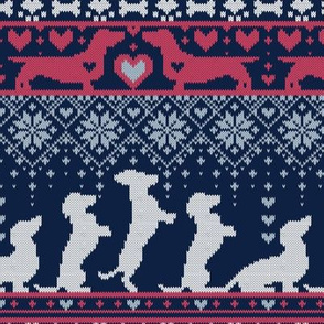 Small scale // Fair Isle Knitting Doxie Love // grey background navy blue and red dachshunds dogs bones paws and hearts