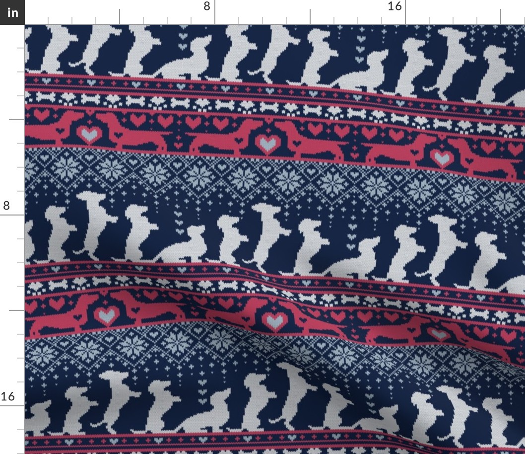 Small scale // Fair Isle Knitting Doxie Love // grey background navy blue and red dachshunds dogs bones paws and hearts