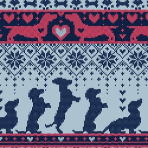 Small scale // Fair Isle Knitting Doxie Love // navy blue background white and red dachshunds dogs bones paws and hearts