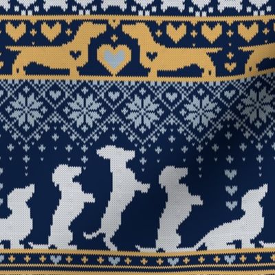 Small scale // Fair Isle Knitting Doxie Love // navy blue background white and yellow dachshunds dogs bones paws and hearts
