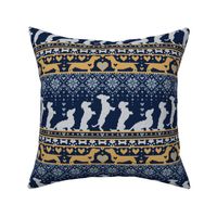 Small scale // Fair Isle Knitting Doxie Love // navy blue background white and yellow dachshunds dogs bones paws and hearts