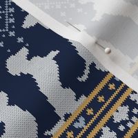 Small scale // Fair Isle Knitting Doxie Love // navy blue background white and yellow dachshunds dogs bones paws and hearts