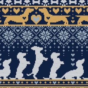 Small scale // Fair Isle Knitting Doxie Love // navy blue background white and yellow dachshunds dogs bones paws and hearts