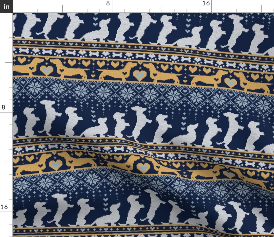 Small scale // Fair Isle Knitting Doxie Love // navy blue background white and yellow dachshunds dogs bones paws and hearts