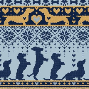 Small scale // Fair Isle Knitting Doxie Love // grey background navy blue and yellow dachshunds dogs bones paws and hearts