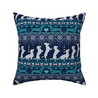 Small scale // Fair Isle Knitting Doxie Love // navy blue background white and teal dachshunds dogs bones paws and hearts