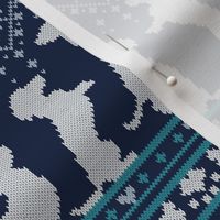 Small scale // Fair Isle Knitting Doxie Love // navy blue background white and teal dachshunds dogs bones paws and hearts