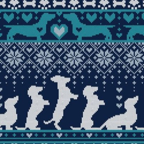 Small scale // Fair Isle Knitting Doxie Love // navy blue background white and teal dachshunds dogs bones paws and hearts