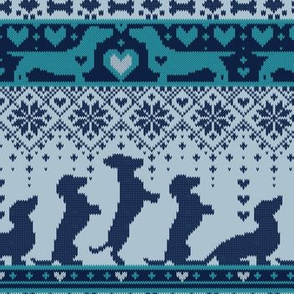 Small scale // Fair Isle Knitting Doxie Love // grey background navy blue and teal dachshunds dogs bones paws and hearts