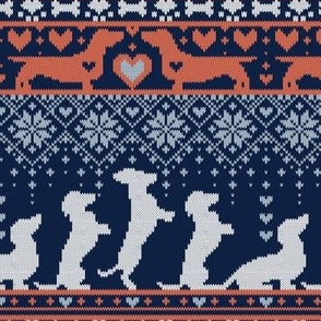 Small scale // Fair Isle Knitting Doxie Love // navy blue background white and orange dachshunds dogs bones paws and hearts