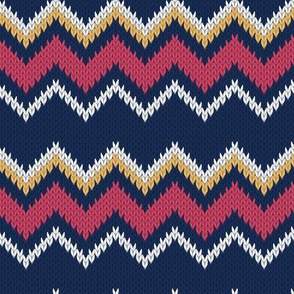 Small scale // Fair Isle Knitting Zig Zags // navy blue background orange red and white lines