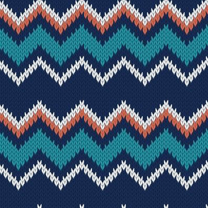 Small scale // Fair Isle Knitting Zig Zags // navy blue background teal orange and white lines