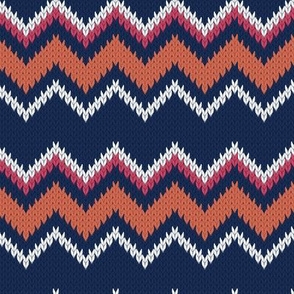 Small scale // Fair Isle Knitting Zig Zags // navy blue background orange red and white lines