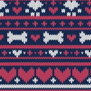 Small scale // Fair Isle Knitting Doggies Love // navy blue background white bones and dogs paws red hearts