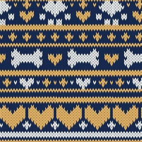 Small scale // Fair Isle Knitting Doggies Love // navy blue background white bones and dogs paws yellow hearts