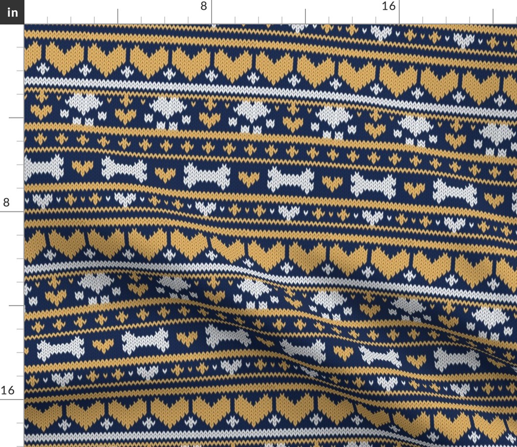 Small scale // Fair Isle Knitting Doggies Love // navy blue background white bones and dogs paws yellow hearts