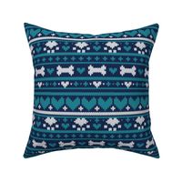 Small scale // Fair Isle Knitting Doggies Love // navy blue background white bones and dogs paws teal hearts