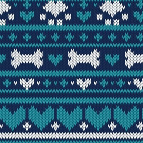 Small scale // Fair Isle Knitting Doggies Love // navy blue background white bones and dogs paws teal hearts