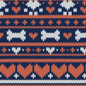 Small scale // Fair Isle Knitting Doggies Love // navy blue background white bones and dogs paws orange hearts
