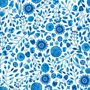 WATERCOLOUR BLUE AND WHITE FLORAL FLOWER LEAVES LEAF HAND PAINTED REPEATING PATTERN DESIGN