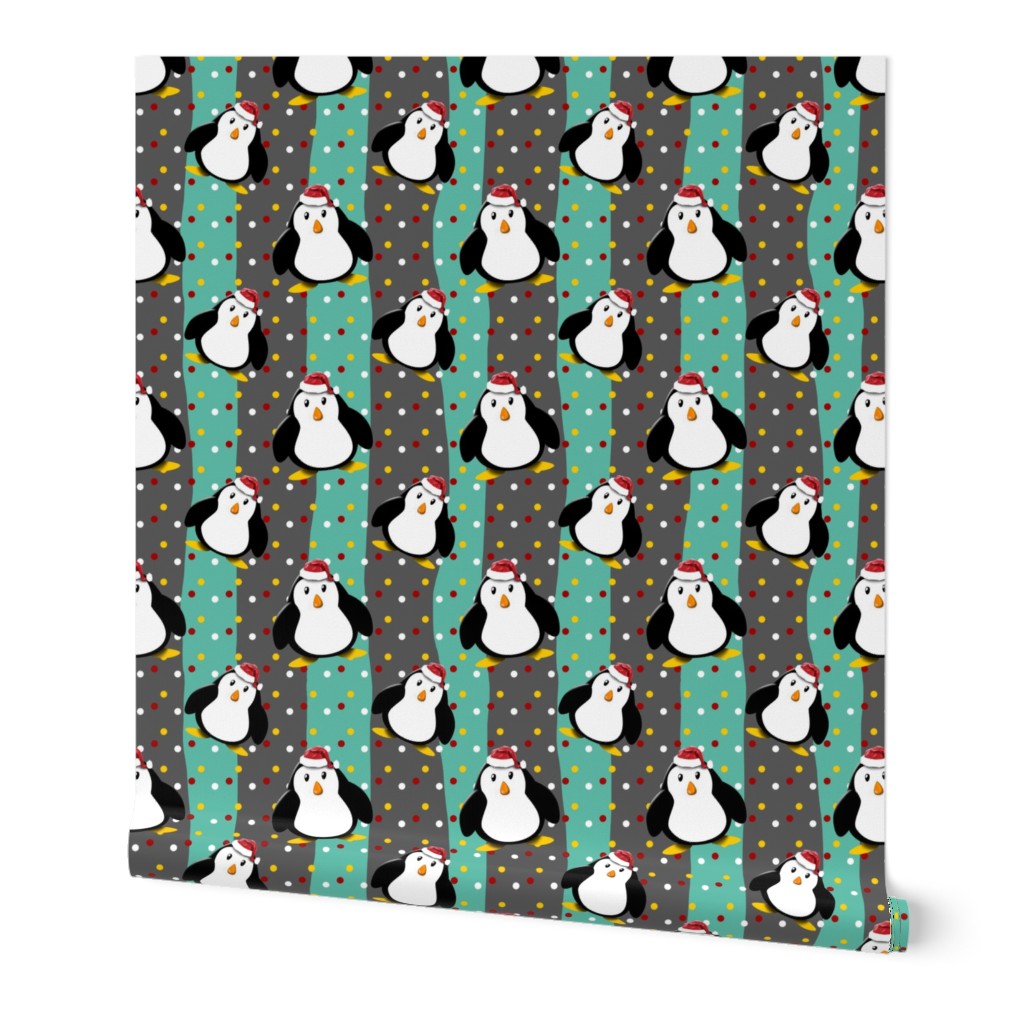 Penguins in christmas mood stripes grey green cute colors