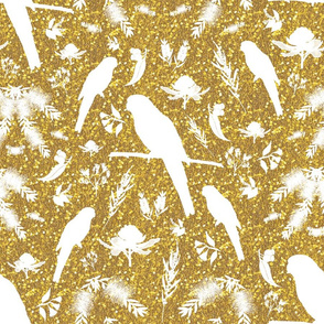 Australiana Rosella Garden - White silhouettes on golden glitter, large