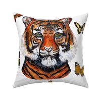 tiger with butterflies on white 