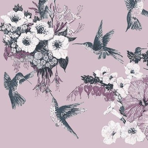 Pale Amethyst & Gray Humming Bird Fabric Design