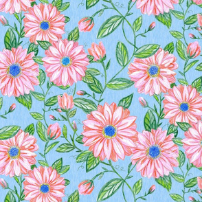 Spring Gerber Daisies Linen-pastel blue