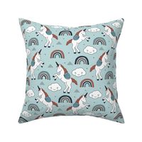 Magical unicorns and rainbows with fluffy kawaii clouds kids fantasy blue rust