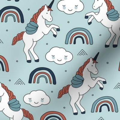 Magical unicorns and rainbows with fluffy kawaii clouds kids fantasy blue rust
