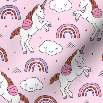 Magical unicorns and rainbows with fluffy kawaii clouds kids fantasy pink lilac  girls