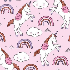 Magical unicorns and rainbows with fluffy kawaii clouds kids fantasy pink lilac  girls