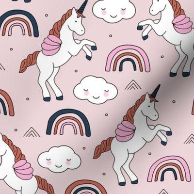 Magical unicorns and rainbows with fluffy kawaii clouds kids fantasy dusty pink green rust