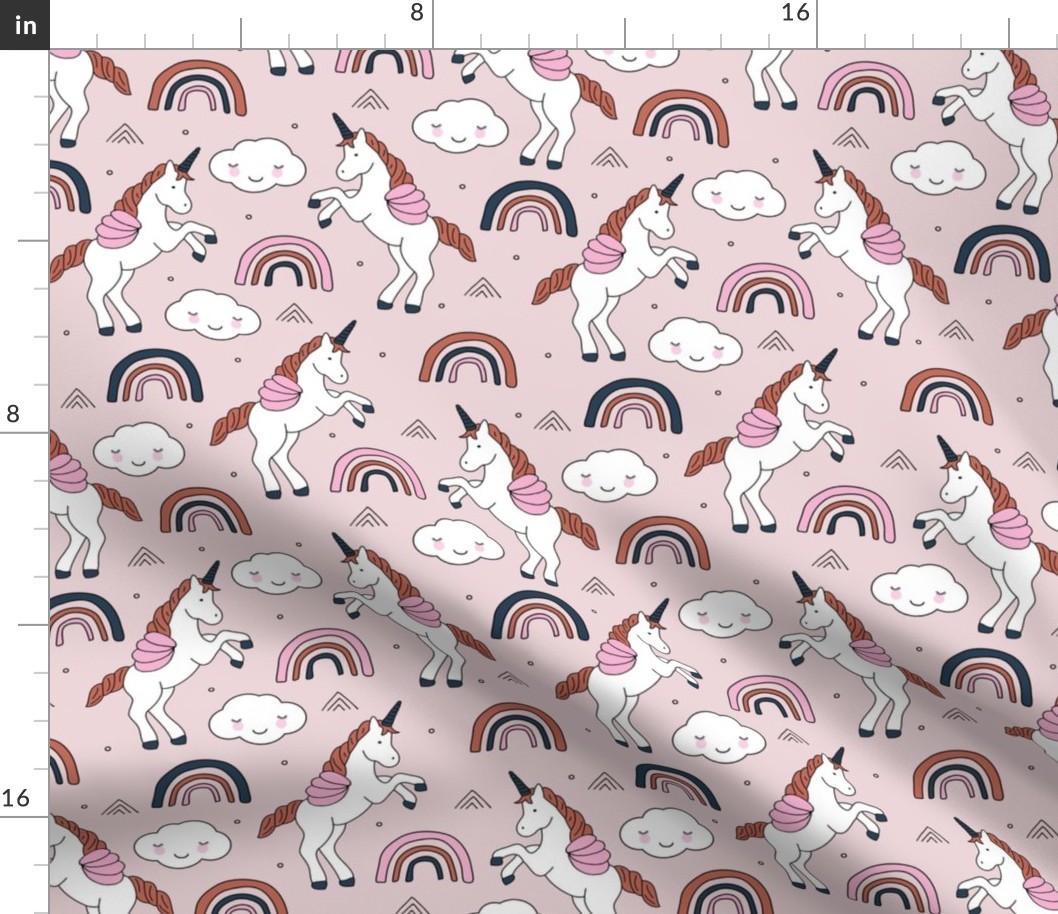 Magical unicorns and rainbows with fluffy kawaii clouds kids fantasy dusty pink green rust