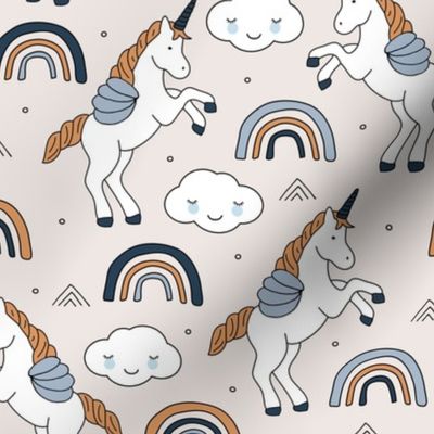 Magical unicorns and rainbows with fluffy kawaii clouds kids fantasy blue beige cinnamon boys