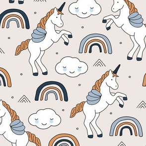 Magical unicorns and rainbows with fluffy kawaii clouds kids fantasy blue beige cinnamon boys