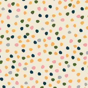 Scattered colourful scribble dots in yellow, pink, grey, green and blue - confetti dots for kids