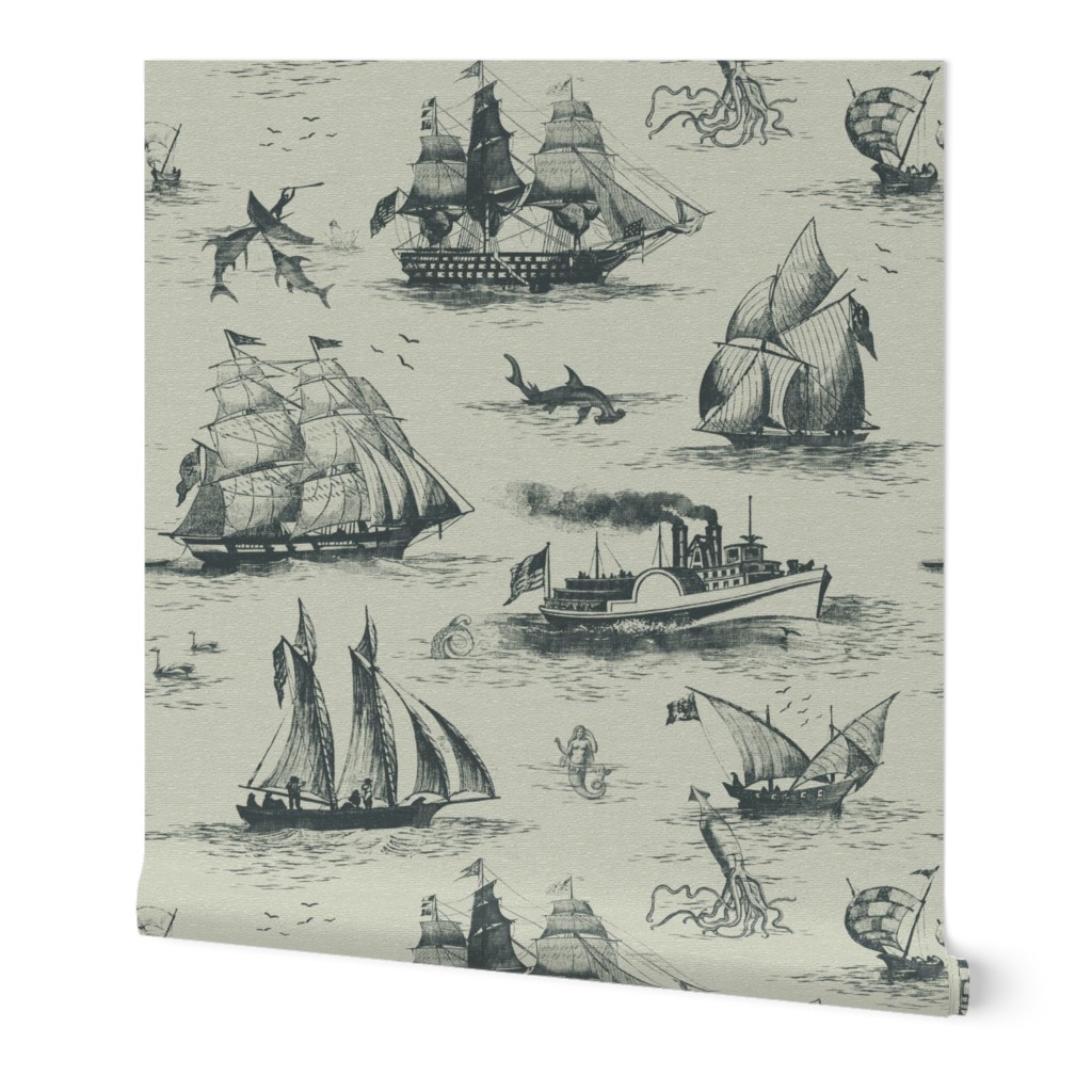 TOILE BATEAUX - GREEN BLACK ON LIGHT WALLPAPER FABRIC TEXTURE