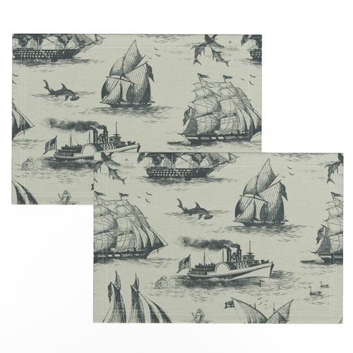 TOILE BATEAUX - GREEN BLACK ON LIGHT WALLPAPER FABRIC TEXTURE