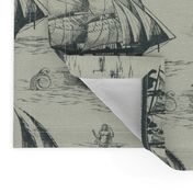 TOILE BATEAUX - GREEN BLACK ON LIGHT WALLPAPER FABRIC TEXTURE