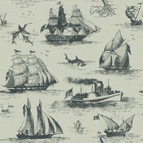 TOILE BATEAUX - GREEN BLACK ON LIGHT WALLPAPER FABRIC TEXTURE