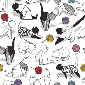Normal scale // Origami kitten friends playing // white background black and white coloring paper cats with red blue pink purple and yellow wool balls
