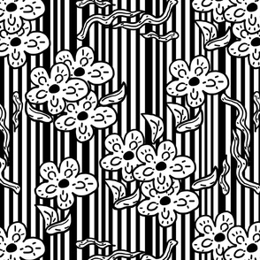 black and white flowers and stripes 