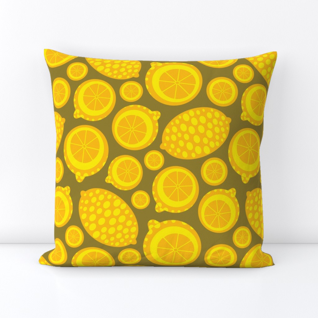 Lemon Tart Summer Retro Fruits Graphic Geometric Citrus Slices Whole Lemons  in Bright Yellow on Brown - UnBlink Studio by Jackie Tahara