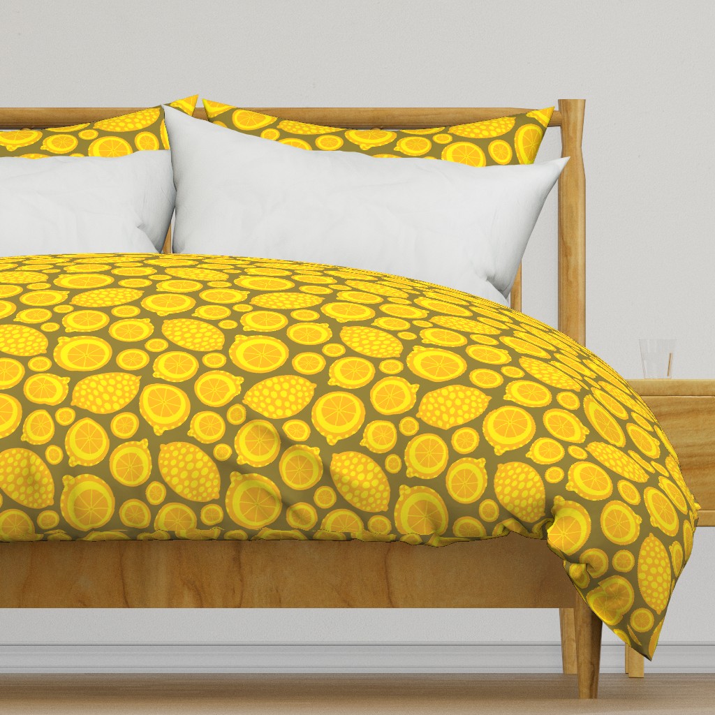 Lemon Tart Summer Retro Fruits Graphic Geometric Citrus Slices Whole Lemons  in Bright Yellow on Brown - UnBlink Studio by Jackie Tahara